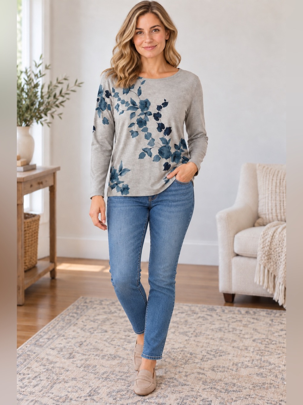 Talbots Medium Petite Gray Blue Floral Long Sleeve Tee
